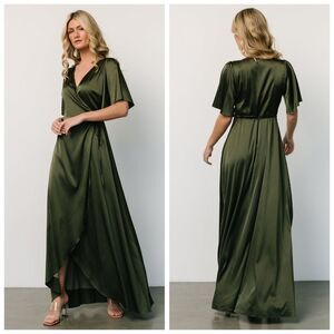 Baltic Born Vara Juniper Green Satin Maxi Wrap Dress